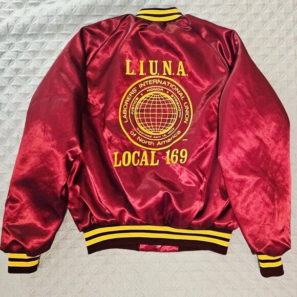 King Louie Vintage Burgundy Satin Bomber Jacket with Yellow Stripes Size M - Picture 3 of 6